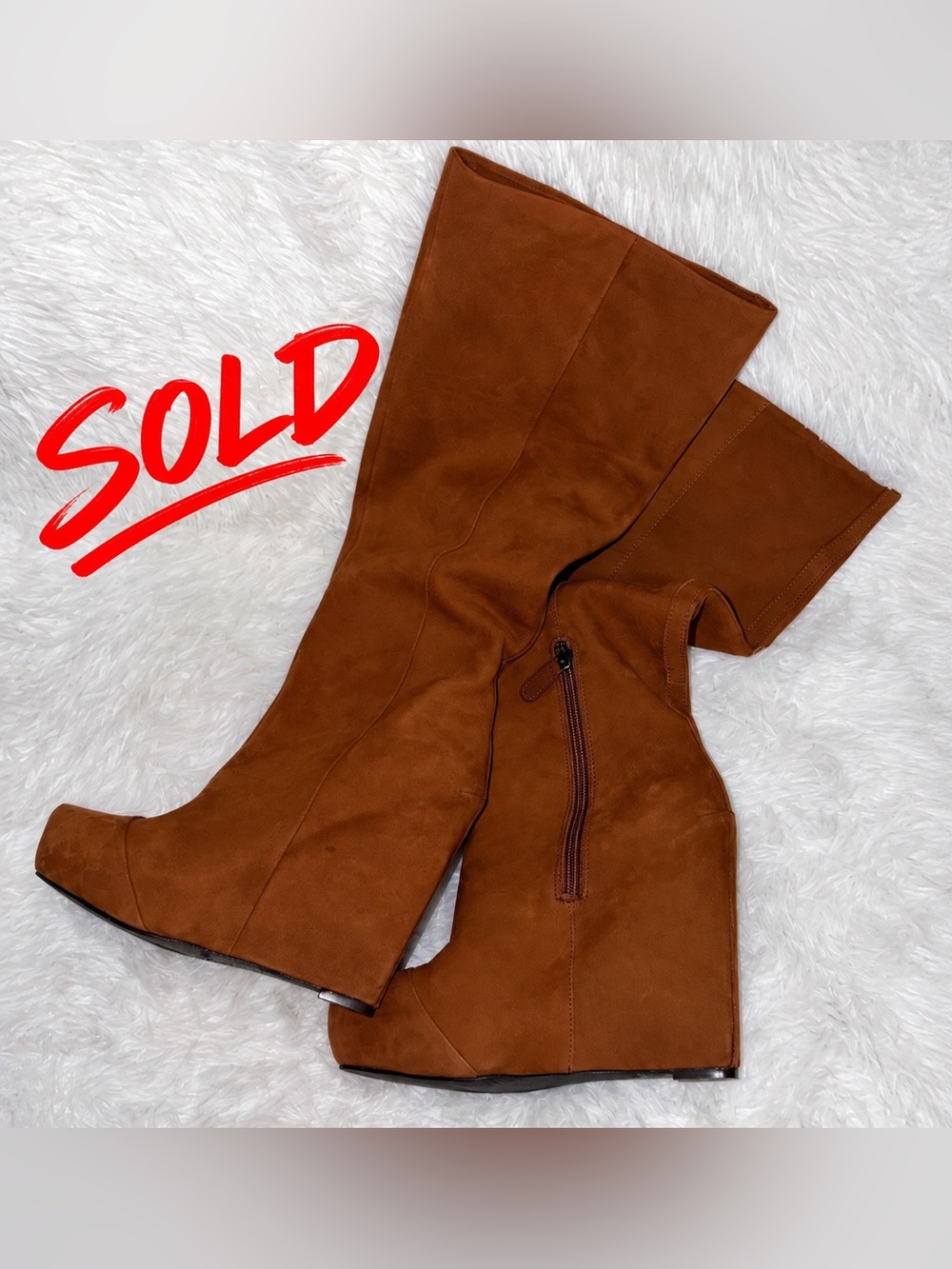 ‼️🛑 Sold ‼️🛑 Boutique 9 Cognac Suede Tall Platform Wedge Boots Size 9 NWOT